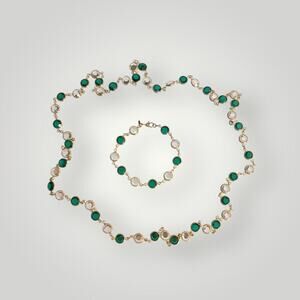 Vintage Monet Gold Tone Green Clear Crystal Necklace 34” Bracelet 7,5 Set